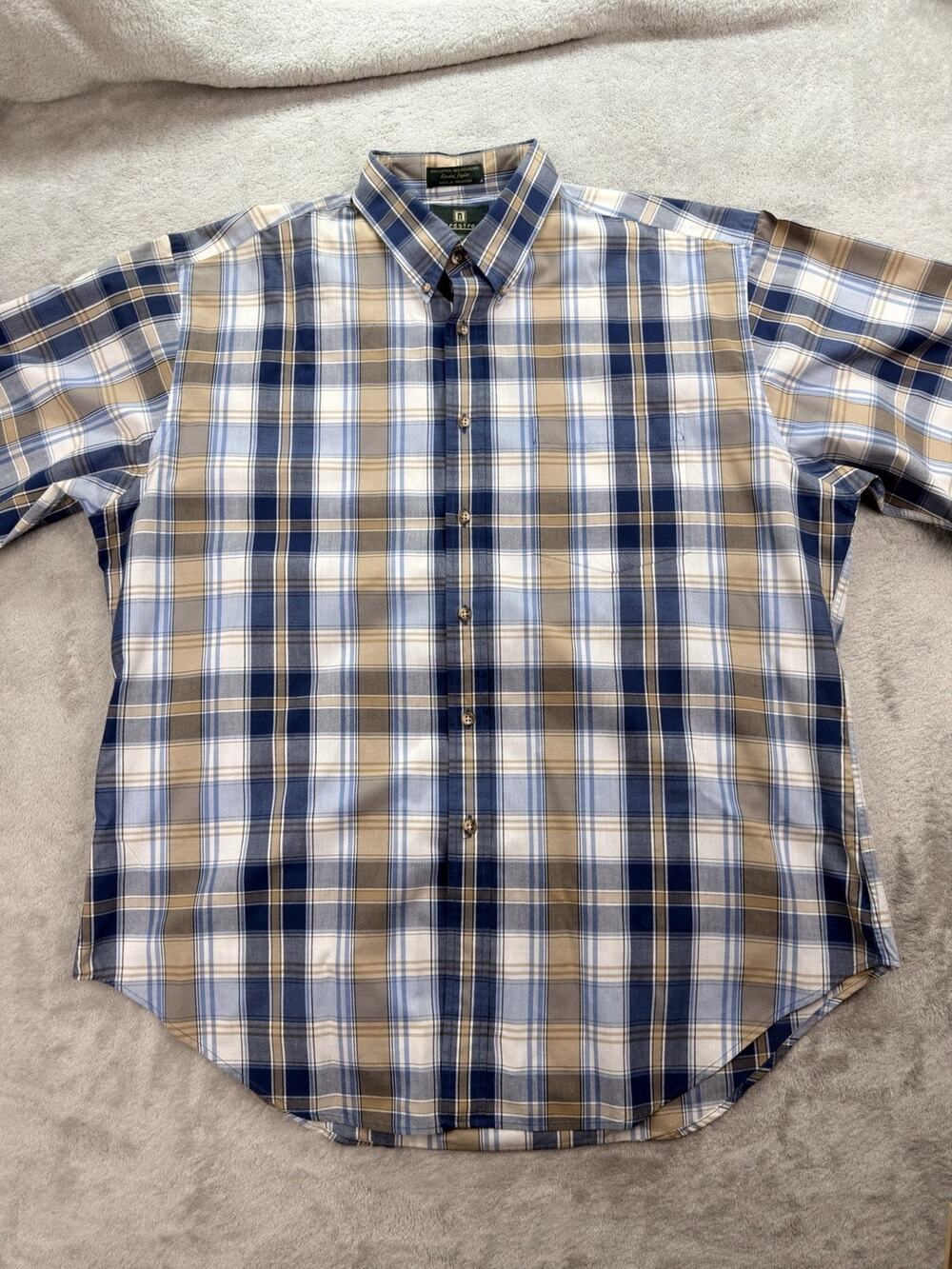 Vintage Nordstrom Men’s XL Plaid Button Down Short Sleeve Shirt Blue Tan
